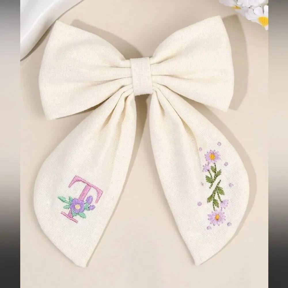 Cream Embroidered Floral Kids Hair Bow A1601